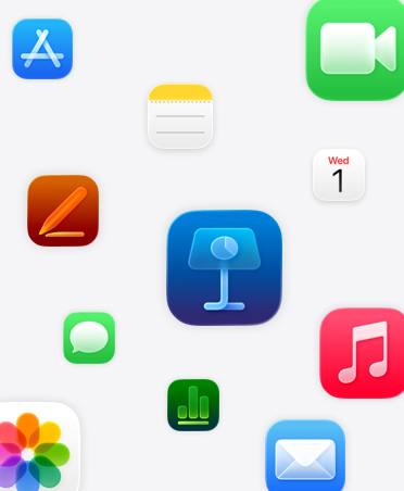 Apple-apps: Keynote, Pages, Numbers, Musik, Fotos, Noter, Kalender, Mail, FaceTime, Beskeder, App Store