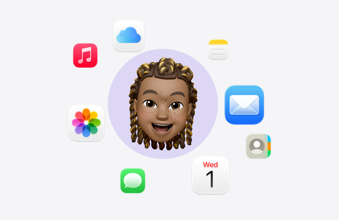 Emoji af smilende ansigt omgivet af forskellige appsymboler: Musik, iCloud Drive, Noter, Mail, Kontakter, Kalender, Beskeder og Fotos