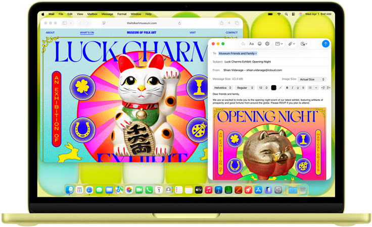 MacBook Neo, citrus colour, user is composing an email invitation to an art exhibit, website for the event open alongside