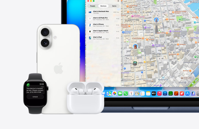 Apple Watch, text onscreen reads “This device is marked as lost, please contact me” with phone number, next to iPhone, AirPods Pro, and MacBook Neo, indigo colour, screen shows Find My app with map and list of devices with their locations