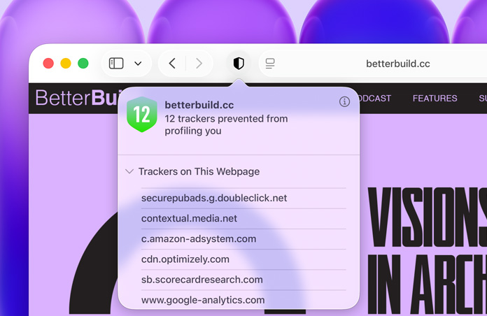 Brug af funktionen Anonymitetsrapport med en liste over de sporingsmekanismer, som Safari forhindrer i at profilere brugeren