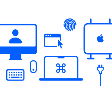 Logo Configuration personnalisée, avec différentes illustrations Mac dont une souris et un clavier