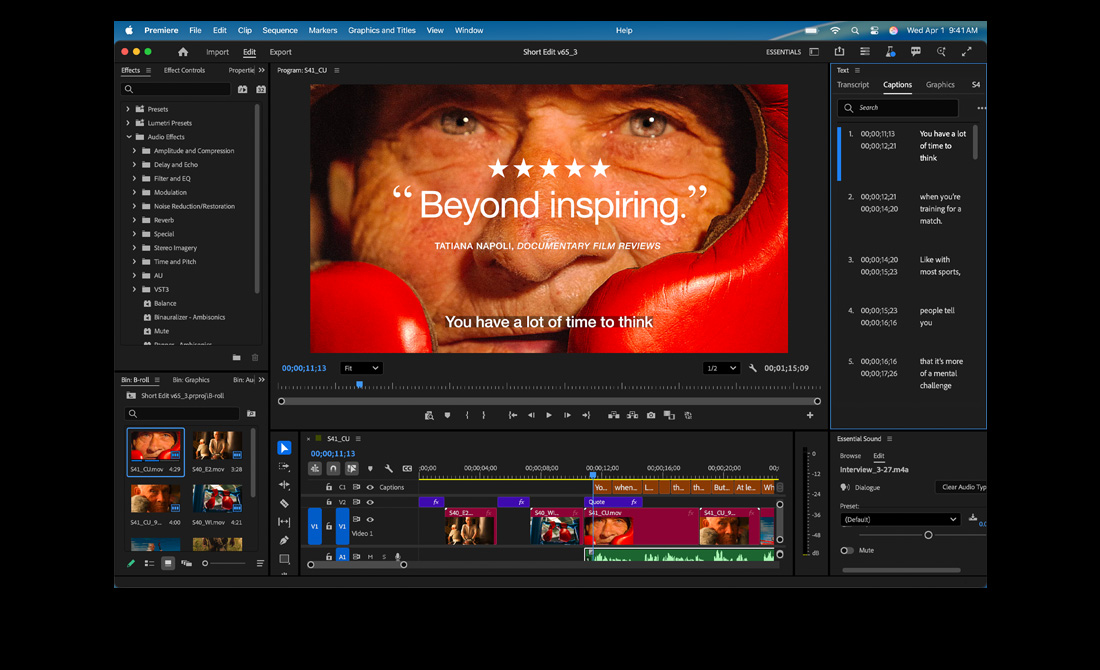 Écran de MacBook Pro montrant le montage d’un film intitulé Eternal Play dans Adobe Premiere