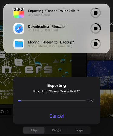 Lista Wydarzenia na żywo w toku i procesy uruchomione równolegle: eksportowanie zwiastuna, pobieranie dużych plików i przenoszenie „Notatek” do „Backupu”