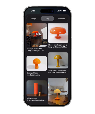 iPhone showing a grid of images featuring different mushroom lamps from Etsy; alongside are Google and Pinterest tabs