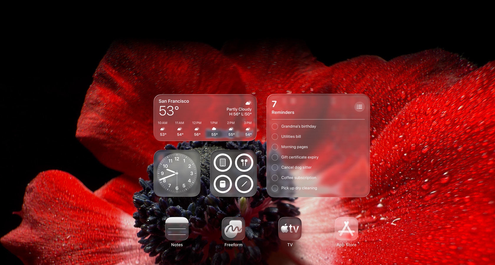 Lock Screen showing app icons for Weather, Reminders, and Clock, all translucent Liquid Glass, refracting background