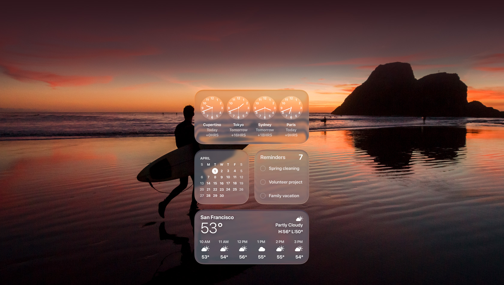Liquid Glass Clock, Calendar, Reminders, and Weather widgets over an image of a surfer walking on the beach at sunset