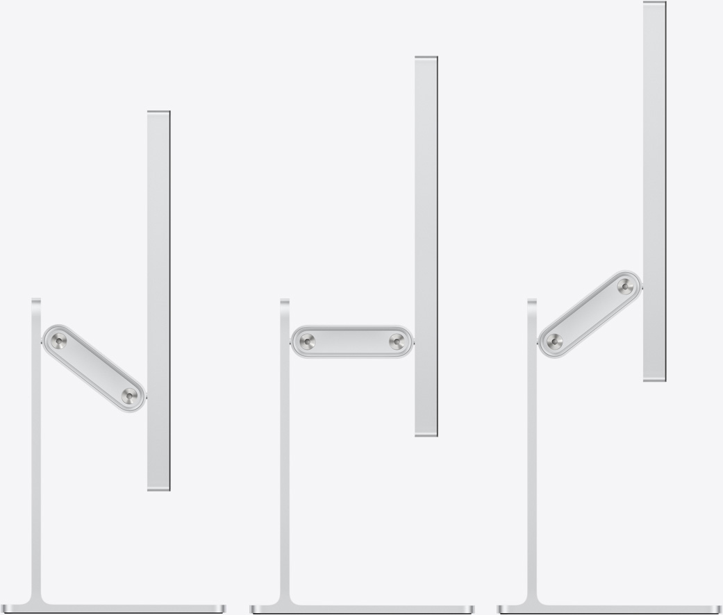 Studio Display XDR mounted on the tilt- and height-adjustable stand, shown from the side, highlighting the counterbalancing arm's range of motion