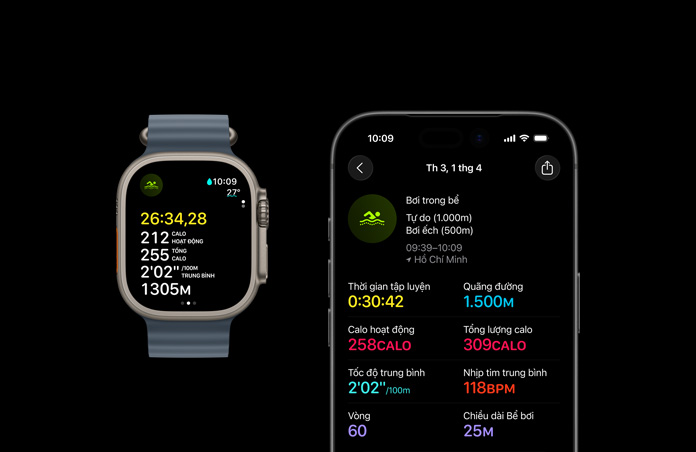 Apple Watch Ultra 3, natural color, titanium case, Ocean Band, anchor blue color, active Swim workout, larger workout metrics breakdown on iPhone