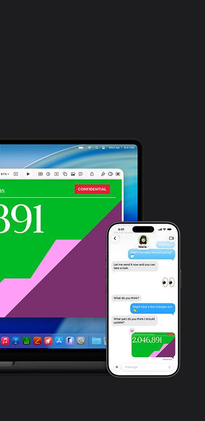 Hình ảnh máy Mac đang hiển thị bài thuyết trình. Phía trước máy Mac là iPhone với nội dung trao đổi bằng tin nhắn và bài thuyết trình được chia sẻ.