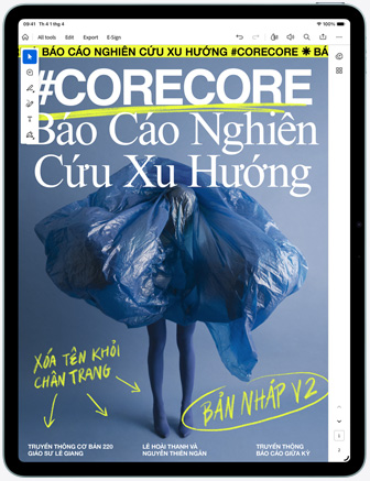 iPad Air, vỏ ngoài mặt trước, hiển thị trình đọc PDF Adobe Acrobat với bản thiết kế đang được thực hiện